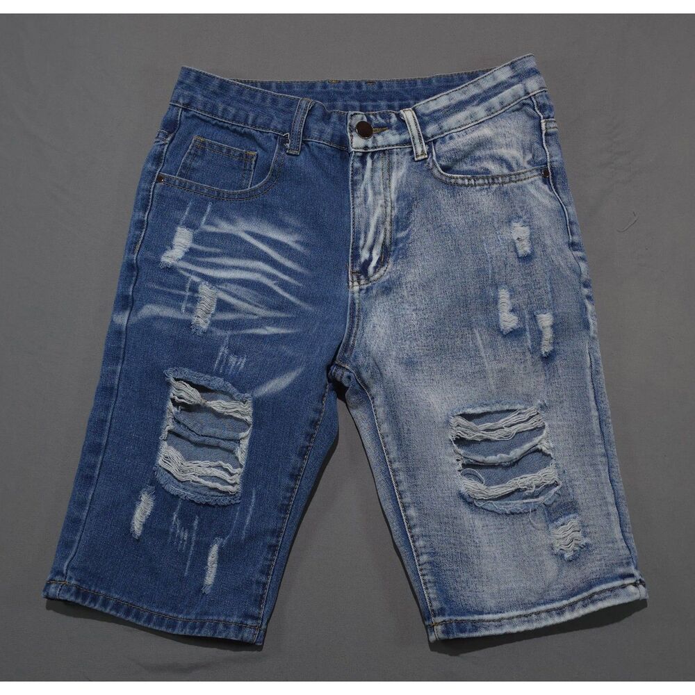 Mens Two Tone Split Ripped Denim Shorts Distressed Jean Shorts Size 30